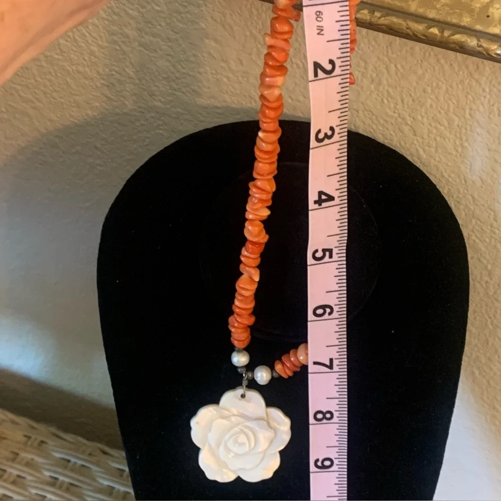 Orange Beaded Necklace with White Flower Pendant - Picture 8 of 11